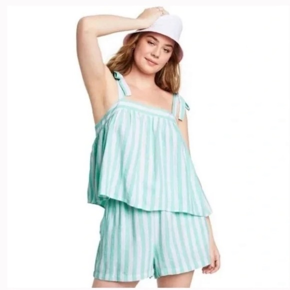 STONEY CLOVER x TARGET Mint Green & White Stripe Linen Blend Top Flowy Crop Bows - Picture 3 of 7